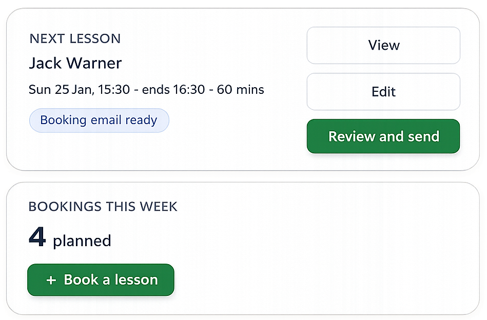 Satori Tutor showing next lesson and bookings this week